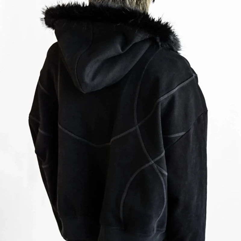 

European And American Fur Hat Hoodie Printed Pattern Long Sleeved Cardigan Hooded Sweatshirt Retro Style Street Trend Y2K Jacket