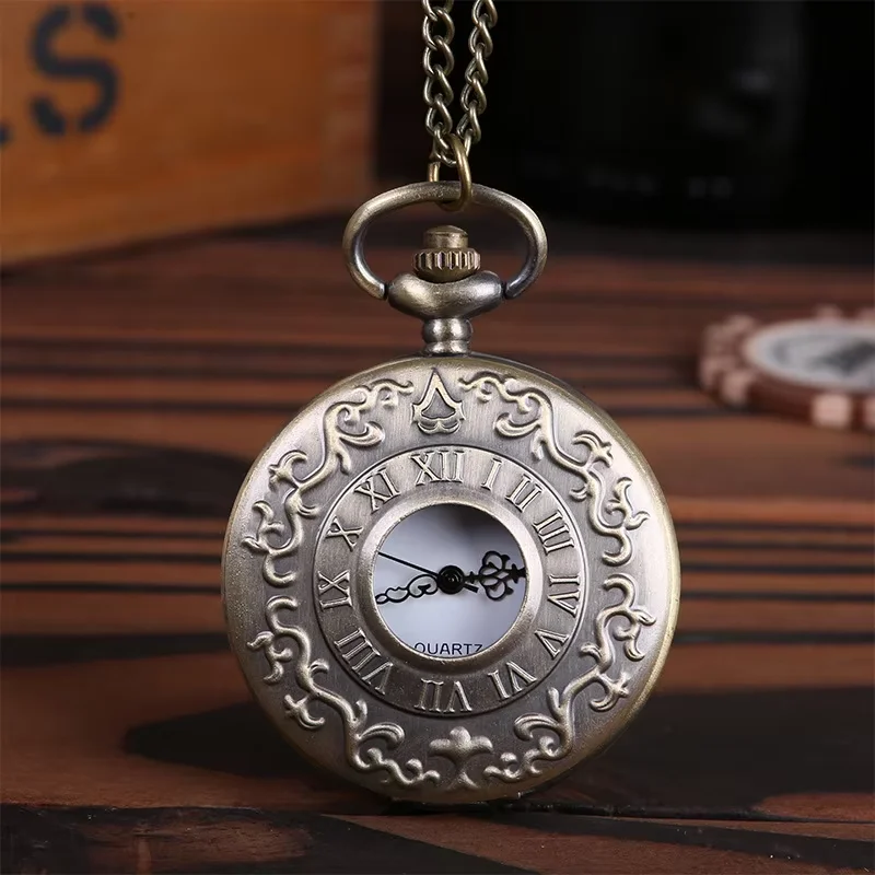 Trendy white digital face classical embossed pattern Roman hollow open cover pocket watch with chain men's and women's accessori