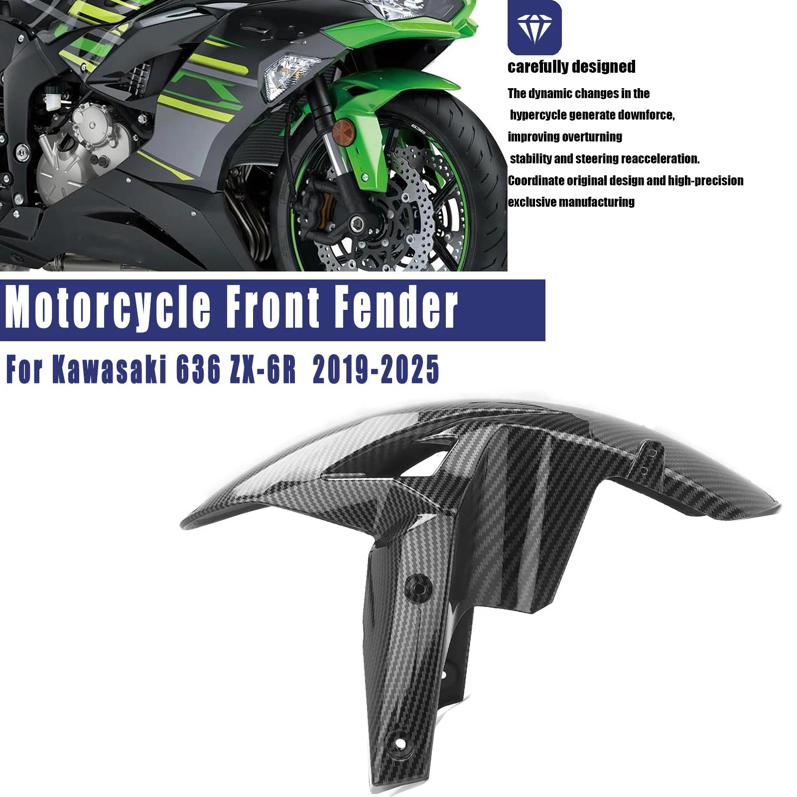 Motorcycle Front Fender For Kawasaki Mudguard 636 ZX-6R 2019-2025 ABS Carbon Fiber Pattern Fender Fairing Rocker cover