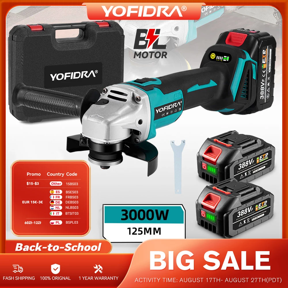 YOFIDRA 3000W 125mm Bürstenlosen Elektrischen Winkel Grinder Metall Holz Schleifen Polieren Schneiden Power Tool Für Makita Batterie pin