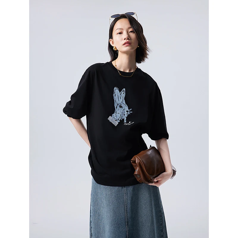 Toyouth Women Tees 2024 Autumn Long Sleeve O Neck Loose T-shirt Exquisite Rabbit Print Design Fashion Casual Apricot Black Tops