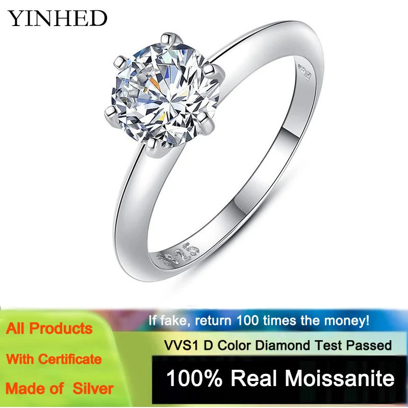 

YINHED Classic 1 Carat Six Prong Round Cut Moissanite Wedding Rings for Women Real 925 Sterling Silver Engagement Fine Jewelry