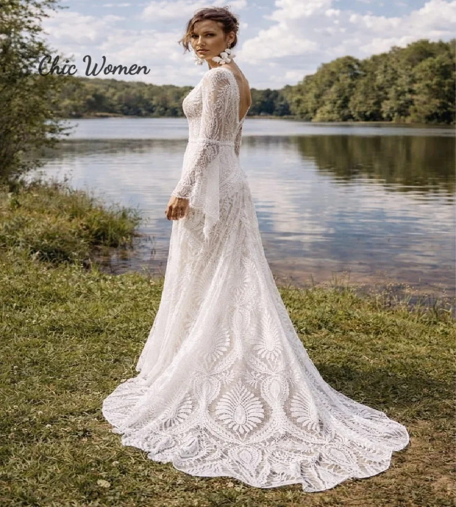 whimsical Crochet Lace Bohemain Wedding Dress WithFringe 2026 Rustic Belle Sleeve Deep V Back Boho Bridal Gowns Sweep Train