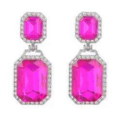 Anniverysary Party Luxury Full Rhinestones Geometric Fuchsia Crystals Earring Jewelry for Women Female Gift