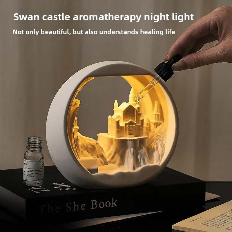 Dream Castle Night Light Aroma Diffuser Gypsum Ornament USB Home Decor Gift Box Set for Women Birthday Present