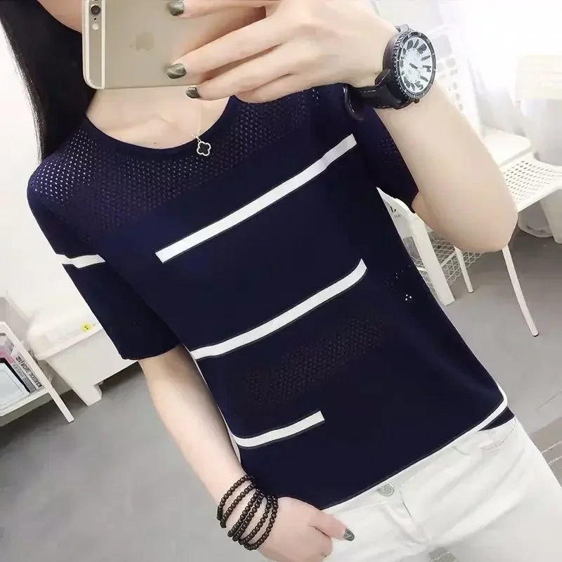 Woman Tshirts Women\'s Short-Sleeved T-shirt Summer Stripes Hollow Sweater round Neck Top Does Not Fade Tops Mujer Camisetas