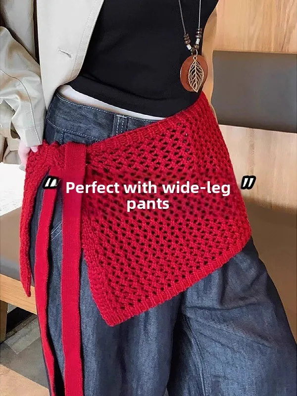 

plus Size Red Knitted Waist Tie Hollow out Skirt for Women Casual Sle Autumn Faion plus Size Women's Skirt