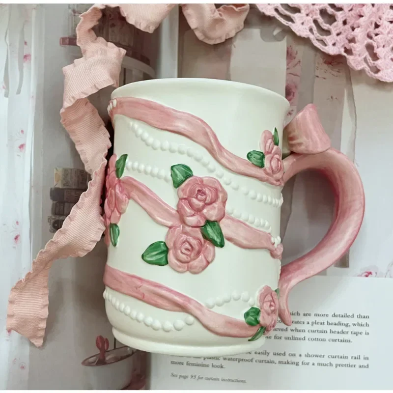 

Rose Bow for Afternoon Tea Cup French Ceramic Coffee Mugs Three-dimensional Relief Milk Mugs Matte Under Glaze Color Couple Gift