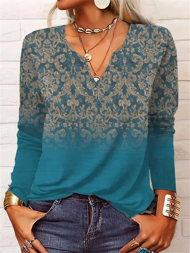 Woman's Tshirts Superior Quality spring/summer Retro Floral Print V Neck Long Sleeve Ladies Top t-shirt Dropshipping BKL1888