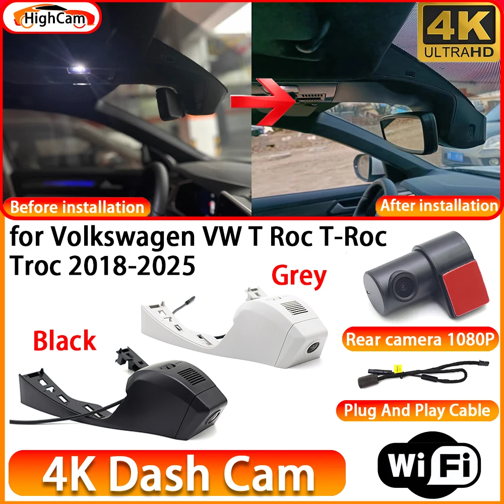 Caméra embarquée DVR 4K HighCam pour Volkswagen VW T-Roc 2018-2025, caméra avant et arrière, enregistreur vidéo WiFi, Plug and Play