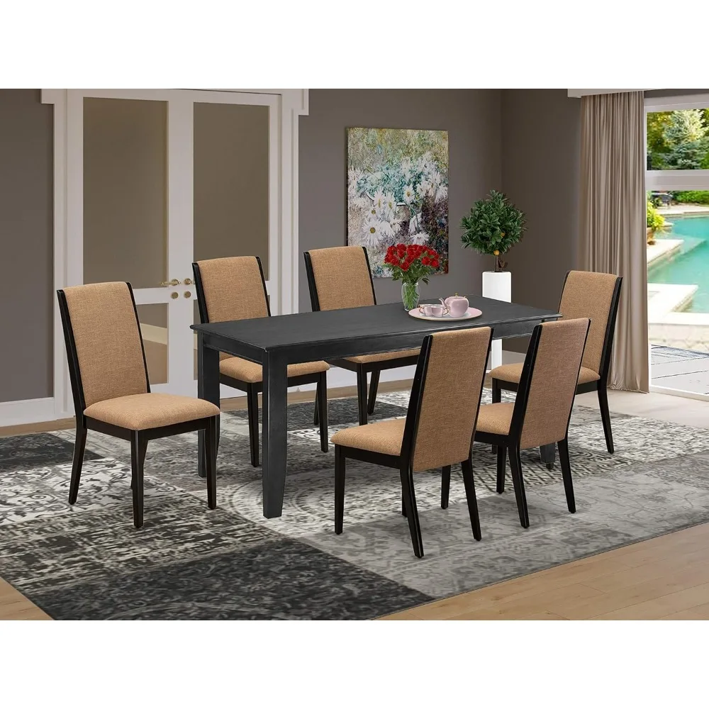 7 Piece Dining Room Set, Consist of A Rectangle Dininer Table and 6 Linen Fabric Upholstered Chairs, 36x60 Inch Dining Table Set