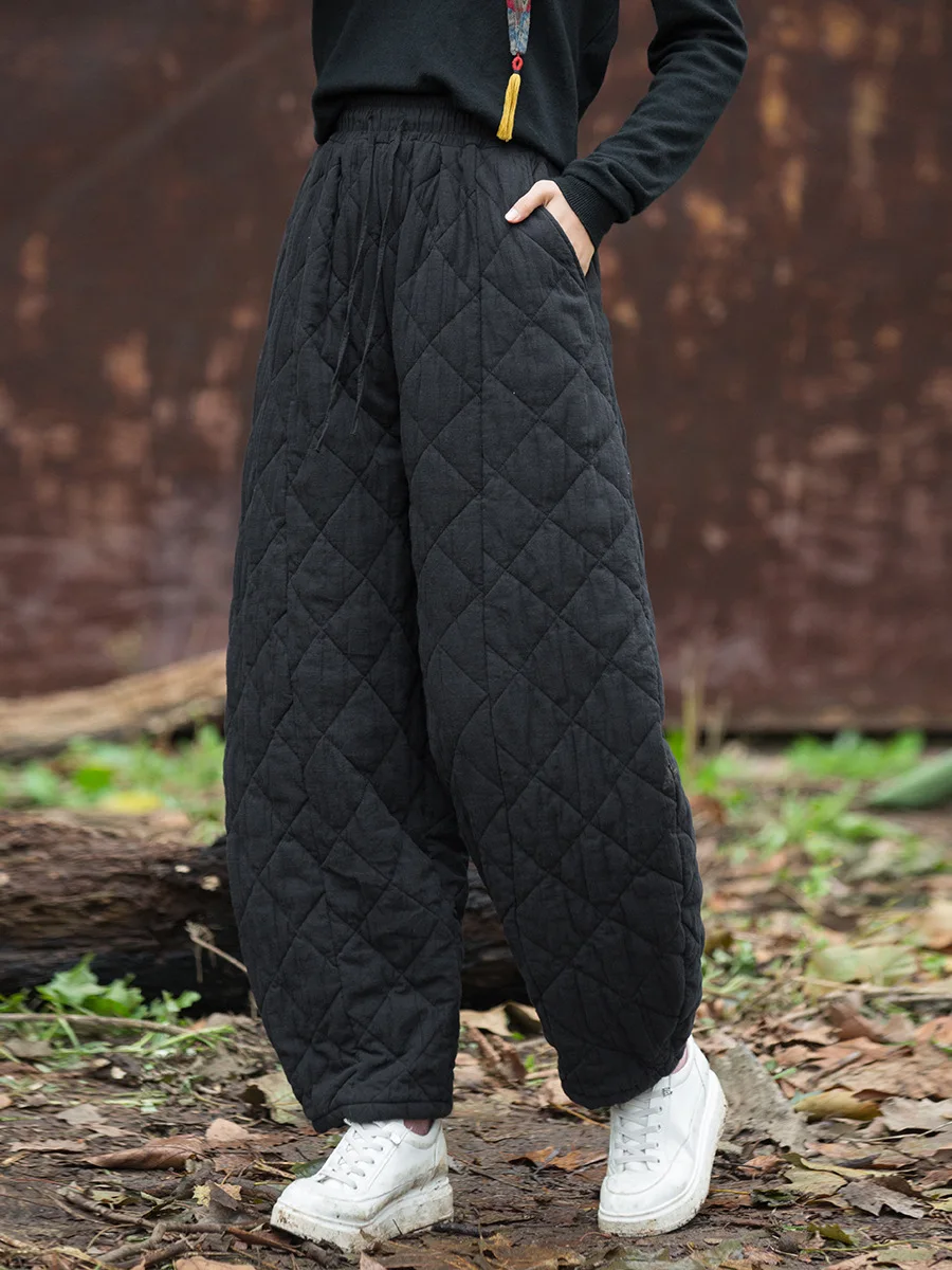 2024 Winter Women's New Padded Thickened Quilted Diamond Check Pants Loose All-match Women's Cotton Pants