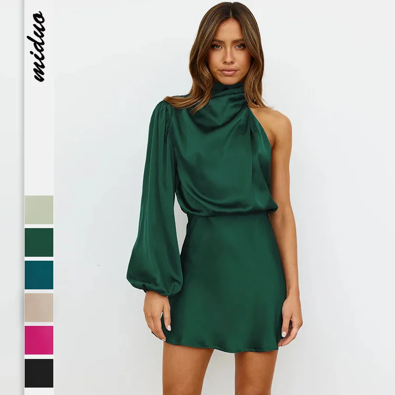 

Women Satin Dress Sexy Off-the-shoulder Black One-shoulder Sexy Elegant Dresses Vintage Summer Evening Party Vestidos Mini Dress