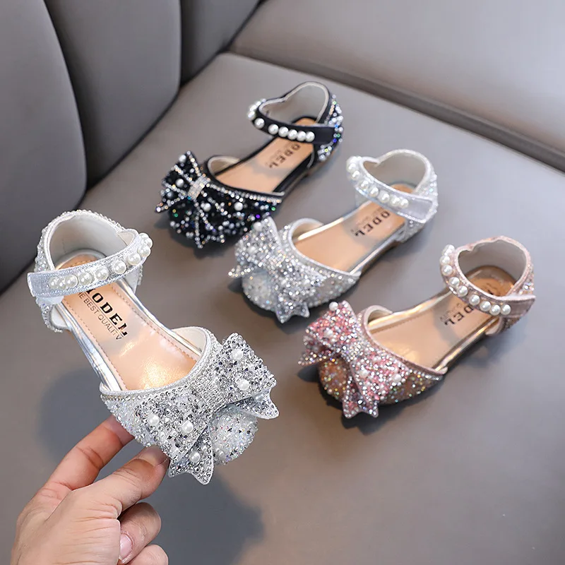 Sweet Girl Princess Shoes Fashion Rhinestone Pearl Bow Baby Shoes Kids Party Children's Dance Little Girls Leather Shoes New G83