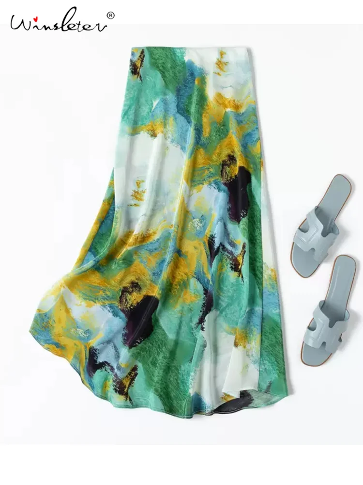 

BirdTree, 100%Real Silk Elegant Skirts, Women Elastic Waist Hand-paint, Commute Fashion OL Skirt, 2024 Summer Autumn B46962QM