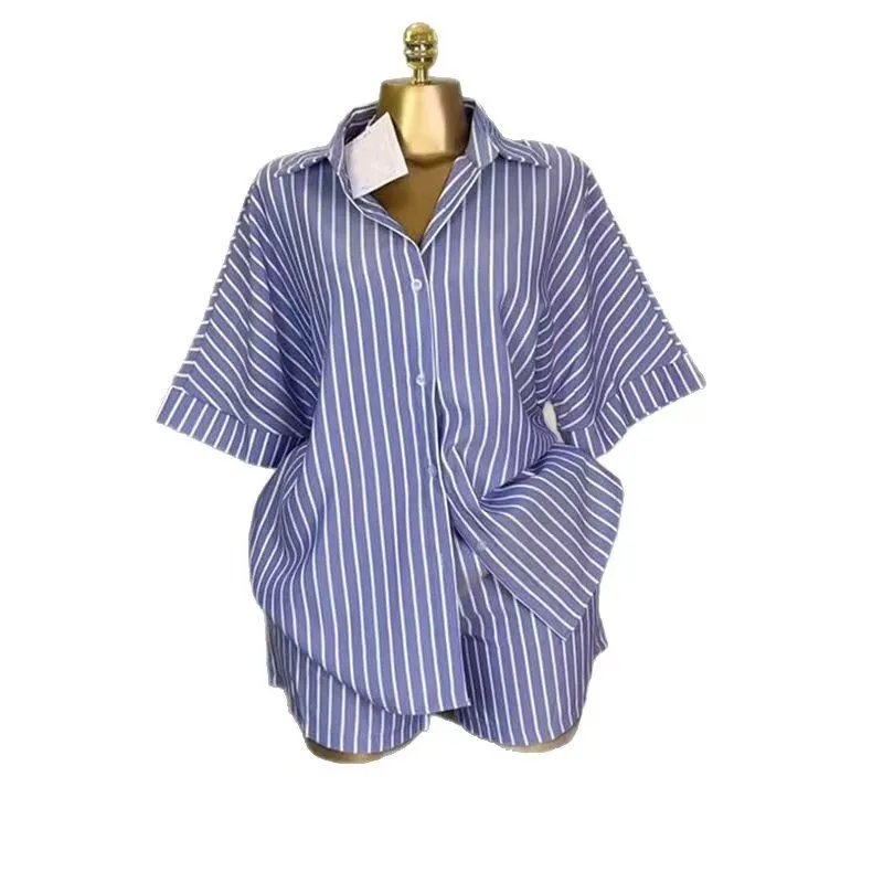 ファイオナブルなルーズストライプ柄の服セット レディースサマーアウトフィット 襟付きボタンアップツーピーススーツ カジュアルウェア