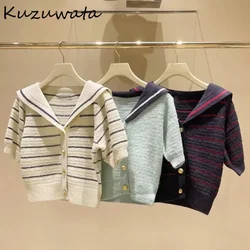 Kuzuwata New Sweet Sailor Collar Puff Sleeve Jumper Single Breasted Casual Stripe Cardigan Japan Knit Elegant All-match Sweaters