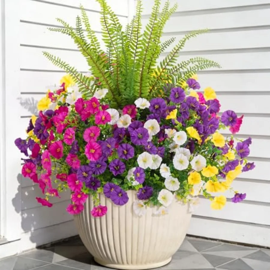 

Artificial Flowers Fake Plants for Outdoors Decoration, 12 Bundles Silk Morning Glory with Boston Fern Realistic UV Resistant F