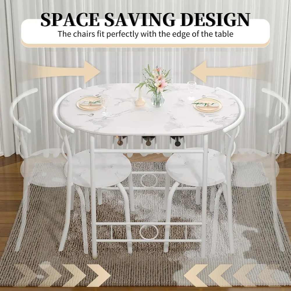 3-Piece Dining Table Set for Kitchen Nook, Faux Marble Oval Top, Metal Frame, Wine Rack, White