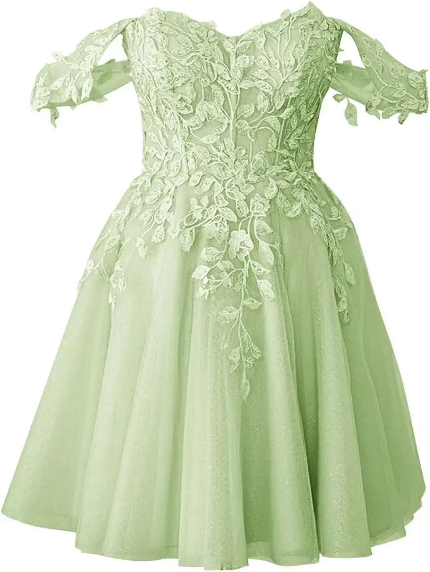 

Короткие платья для встречи выпускников с кружевной аппликацией для подростков, 2026, блестящий тюль с открытыми плечами, коктейльное платье, выпускные вечерние платья