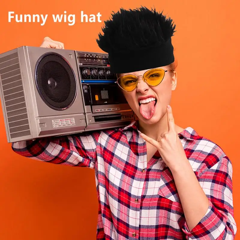 Men Women Beanie Wig Hat Fun Short Hair Caps Novelty Hip Hop Beanie Hat with Spiked Fake Hair Wig Funny Retro Short Melon Wig