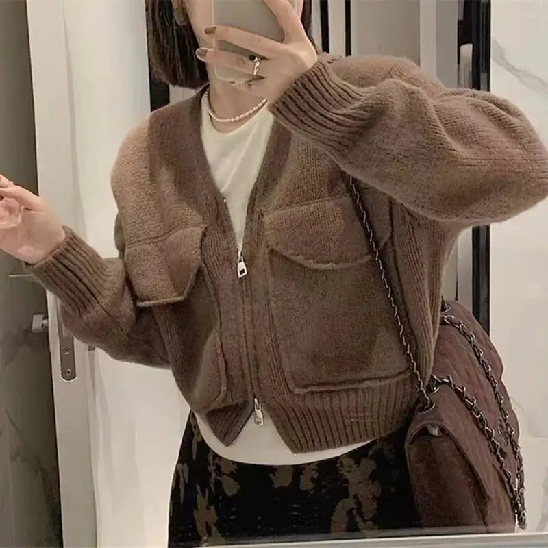 

Ins New Double Zipper Knitted Cardigan Women Korean Fashion Short V Neck Sweater Coat Autumn Pocket Comfortable Warm Tops