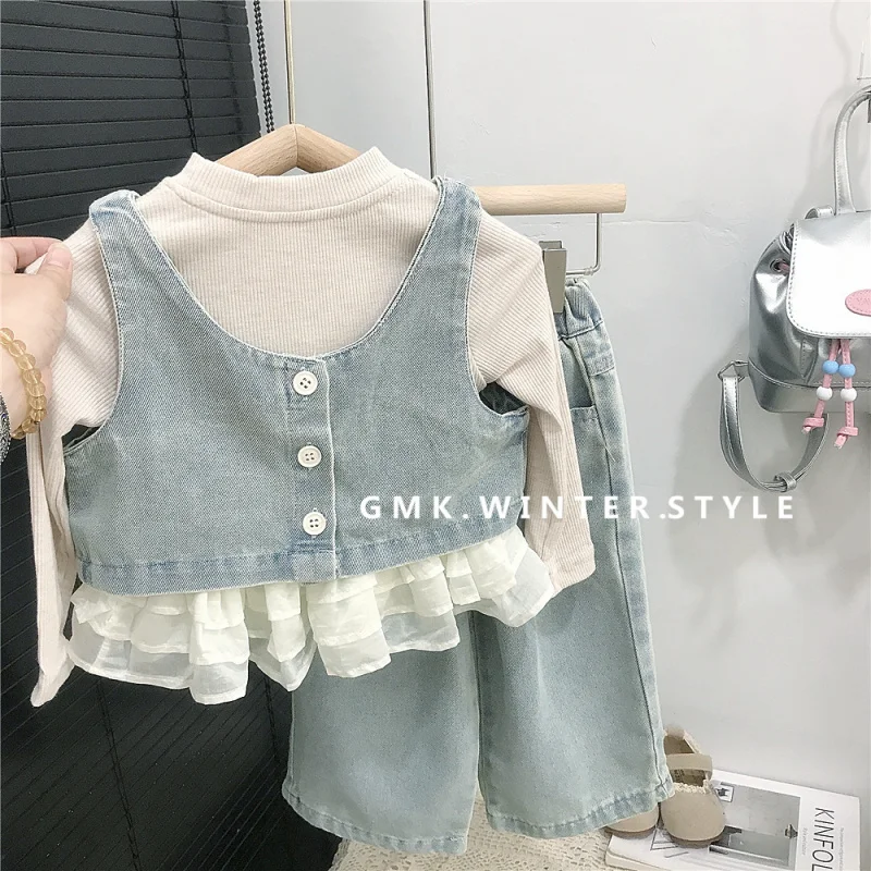 

Girls' Stylish Loose Spring and Autumn Wide-Leg Pants Set New Fashionable Three-Piece Casual Outfit for Baby Girls