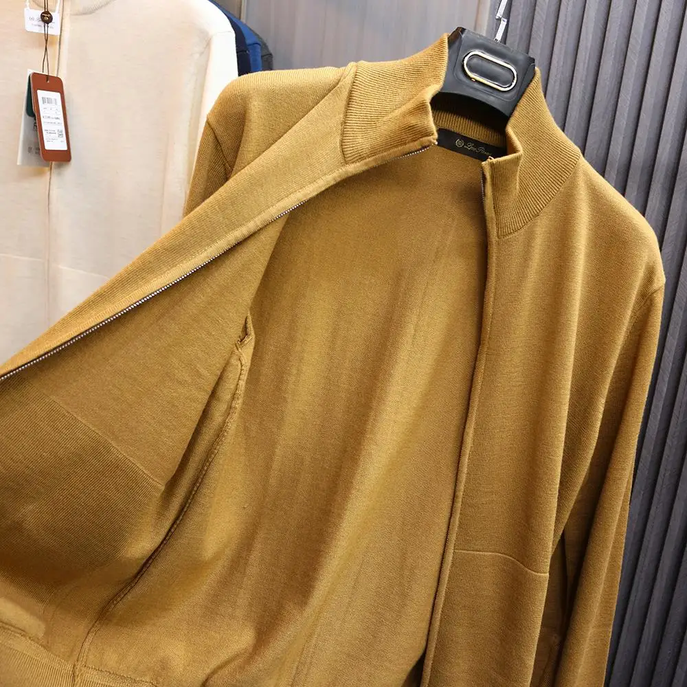 

Высококачественная мужская вязаная кофта из шерсти и шелка с воротником-стойкой на молнии, дышащая, с длинными рукавами