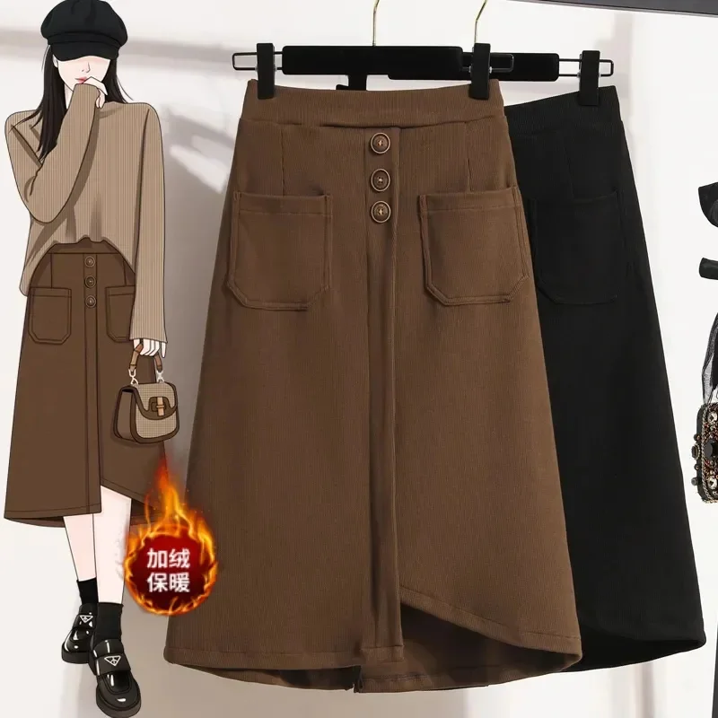 Brown Black Corduroy-Covered Hip Skirt Large Size High Waist Irregular Mid-Long A Skirt Elastic Waist Pocket Skirts Female