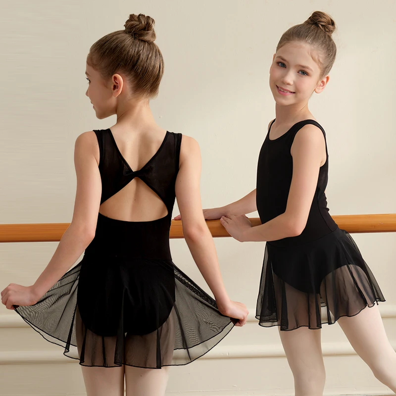 Schwarzer Ballett-Trikot für Mädchen mit kurzem Rock, ärmelloses Mesh-Trikot für Mädchen, Ballett-Gymnastik-Tanzkleidung für Kinder zum Schulanfang