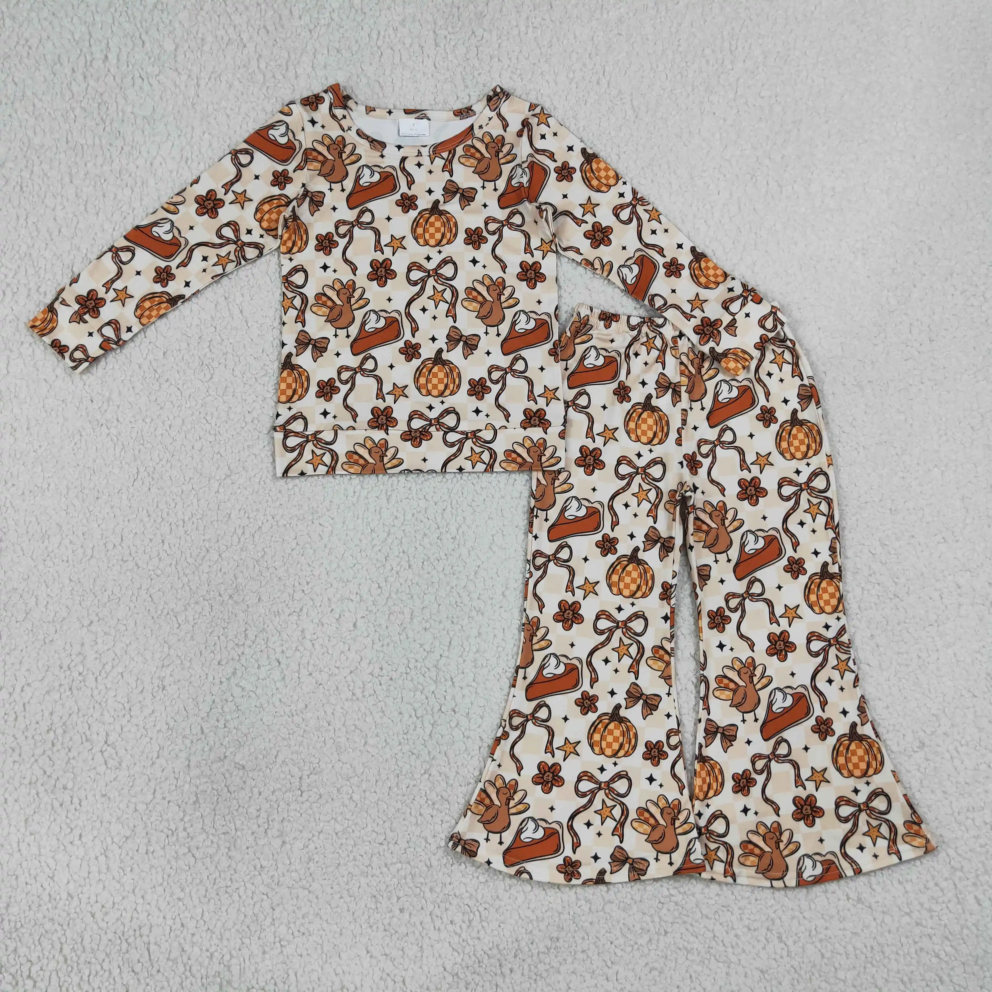 Wholesale Toddler Girls Thanksgiving Kids Set Long Sleeves Pumpkins Bows Flower Shirt Pants Children Outfit Girl Fall Clothes