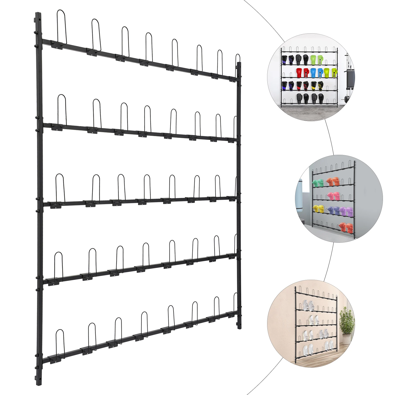 

5-ярусная стойка для хранения боксерских перчаток из углеродистой стали, черный прямоугольный 40 крючков, настенный держатель для боксерских перчаток 169*173 см для спортзала