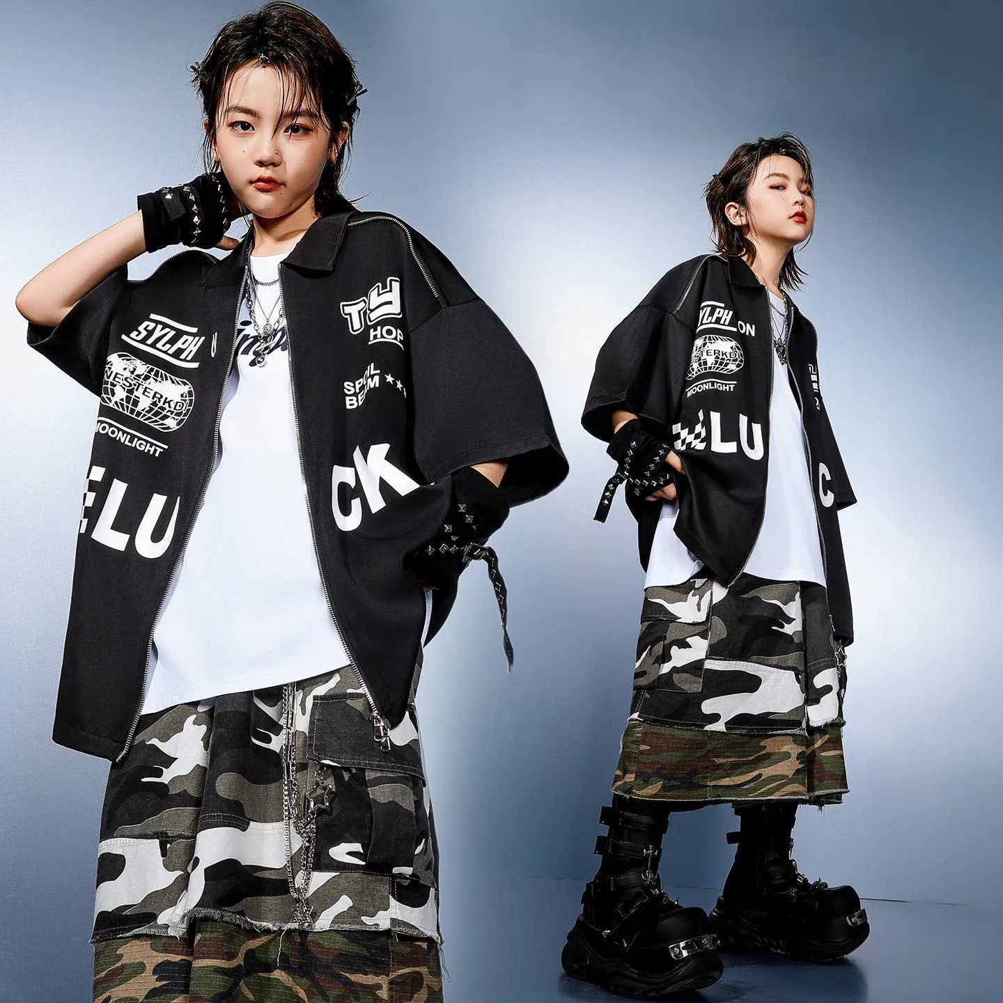 

Kid Hip Hop Clothing Black Letter Zip up Shirt Top Color Block Camo Cargo Shorts Middle Pants for Girl Boy Dance Costume Clothes