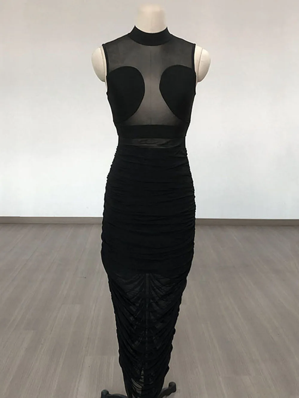 Modphy-Robe mi-longue en maille transparente patchwork noire pour femme, robe moulante élastique, club de nuit sexy, fête, nouvelle batterie, 2024