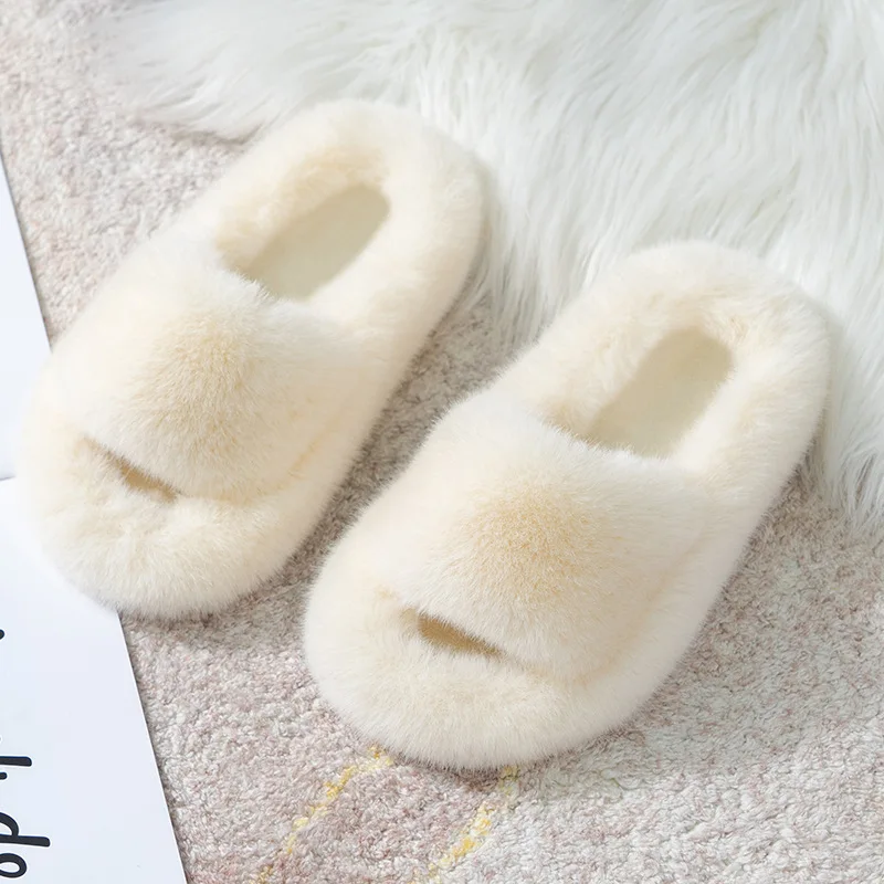 Children\'s Slippers Girls Fashion Open Toe Plush Fur Shoes Kids Soild Warm Home Indoor Non Slip Rubber Bottom Shoes