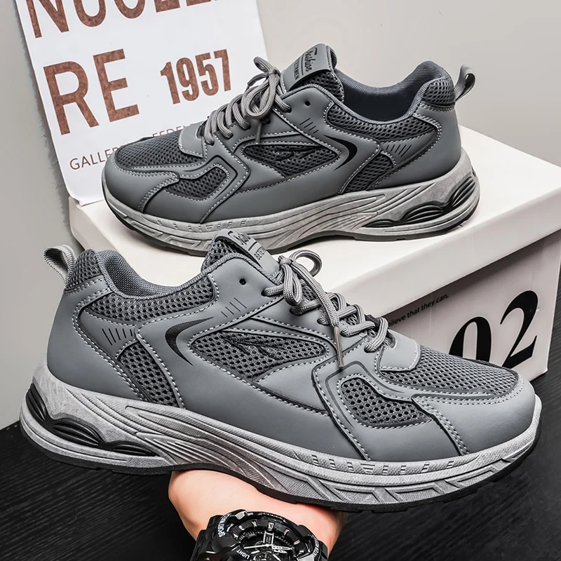MenGreyMeshChunkyDad Sneakers Leather Spliced Wave Cushion Thick Sole Light Non Slip Daily Street Outdoor Walking Athletic Shoes