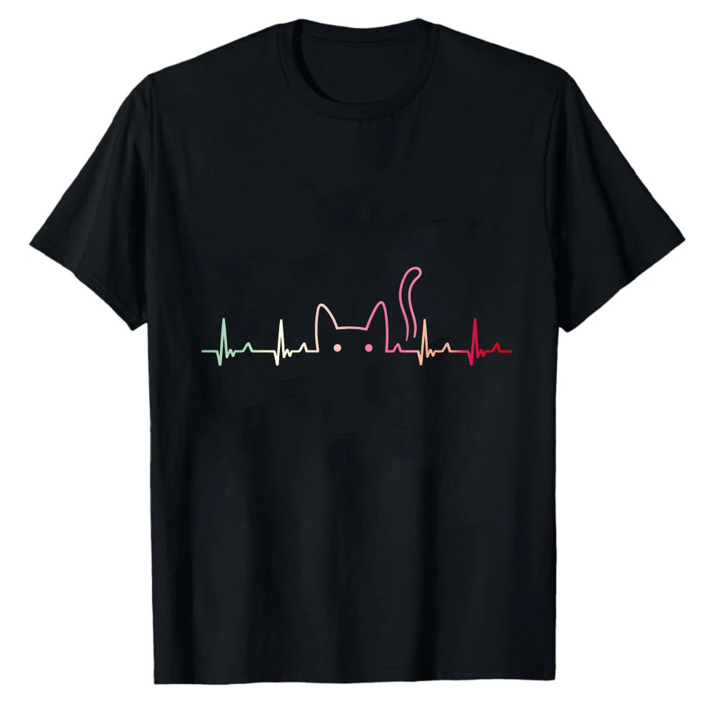 Cat Lover Heartbeat ECG Funny Cute Cat T-Shirt for Men Women Crew Neck Short Sleeve Fitted Olive Green Multicolored Outline