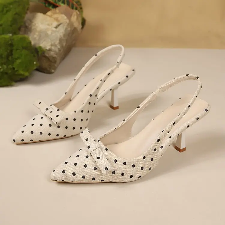 Gepunktete Slingback-Sandaletten mit spitzer Zehenpartie und Schleife für Damen, hochhackige Schuhe – Detail 1