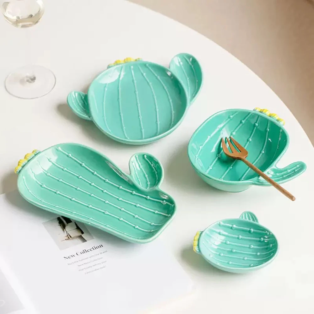 Creative Cactus Shaped Ceramic Dinnerware 3D Embossed Plant Plates Bowls for Dessert Snack Salad Plates Home Decor Gift