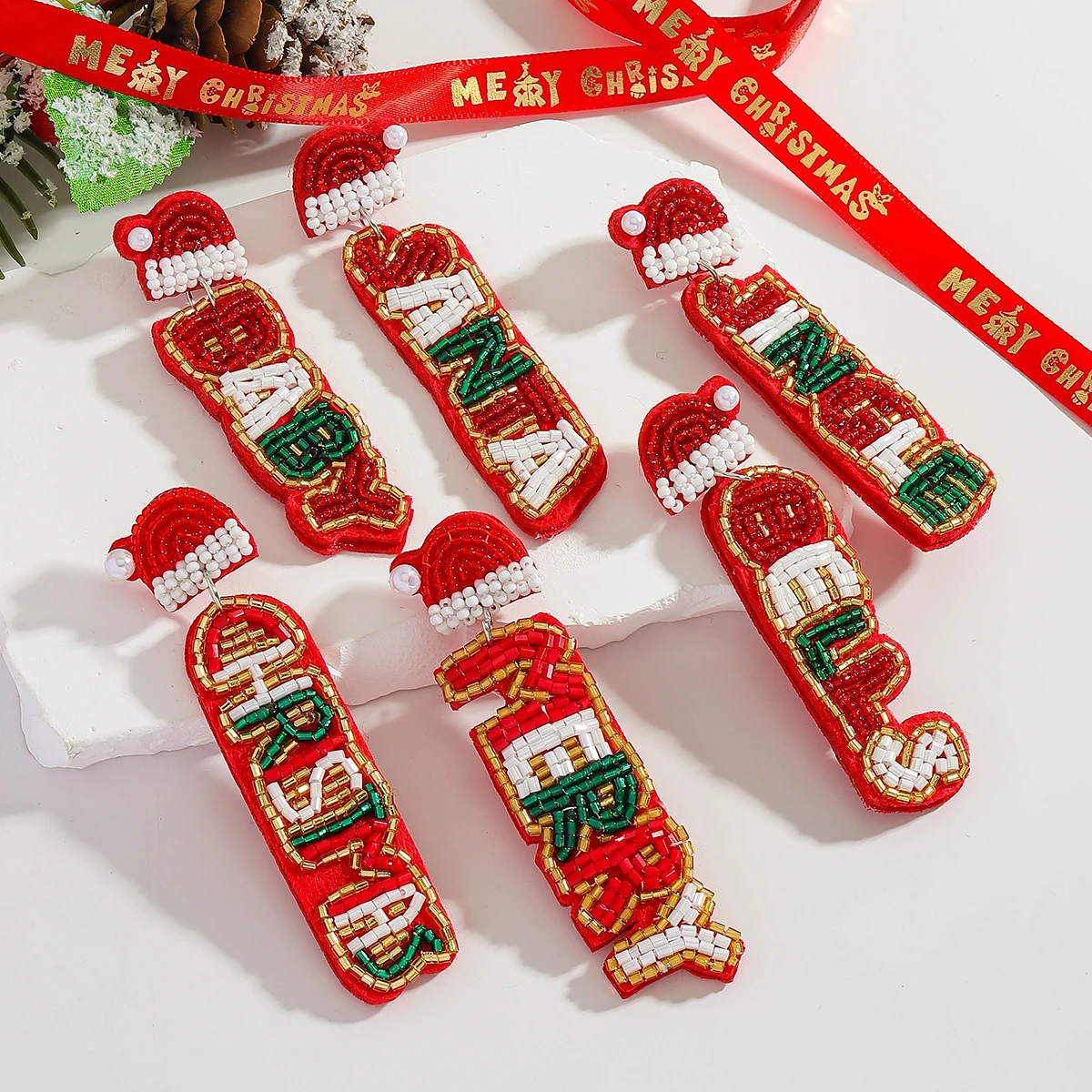 

Christmas Handmade Beads Letters MERRY CHRISTMAS Dangle Earrings Christmas Hat Drop Earrings Holiday PartyJewelry Gift For Girl