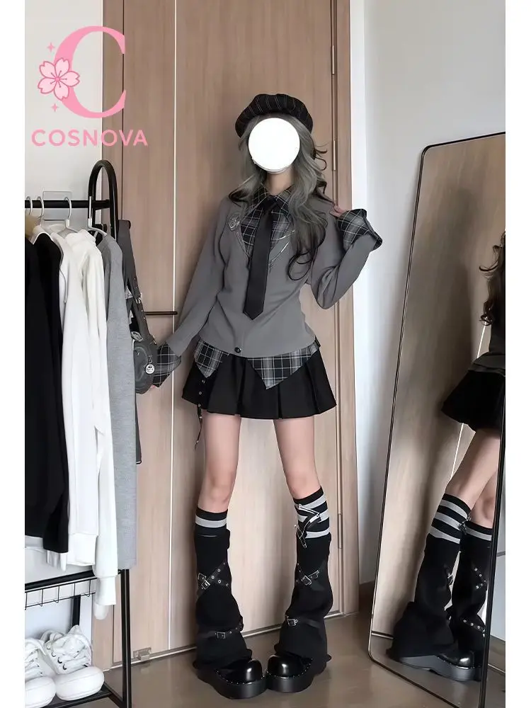 Sweet Autumn Winter Subculture Plaid Patchwork Top and Pleated Skirt 2 Piece Set Women Y2K Street Style Gothic Schoolcore Outfit