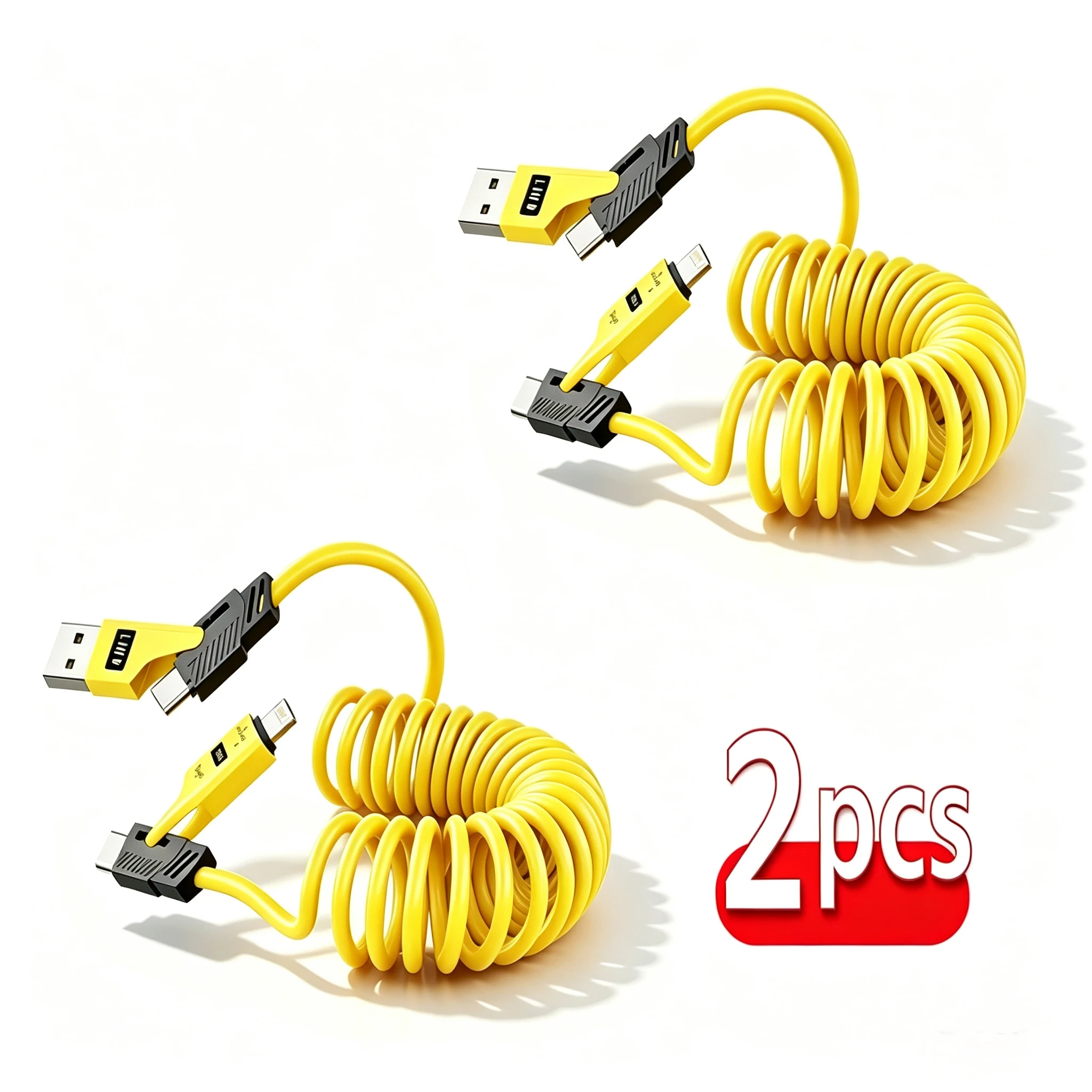 2PCS 4 in 1 65W Spring Short Data Cable 6A USB Type C Spring Telescopic Quick Charger Wire Spring USB Cable for IPhone15 14 1312