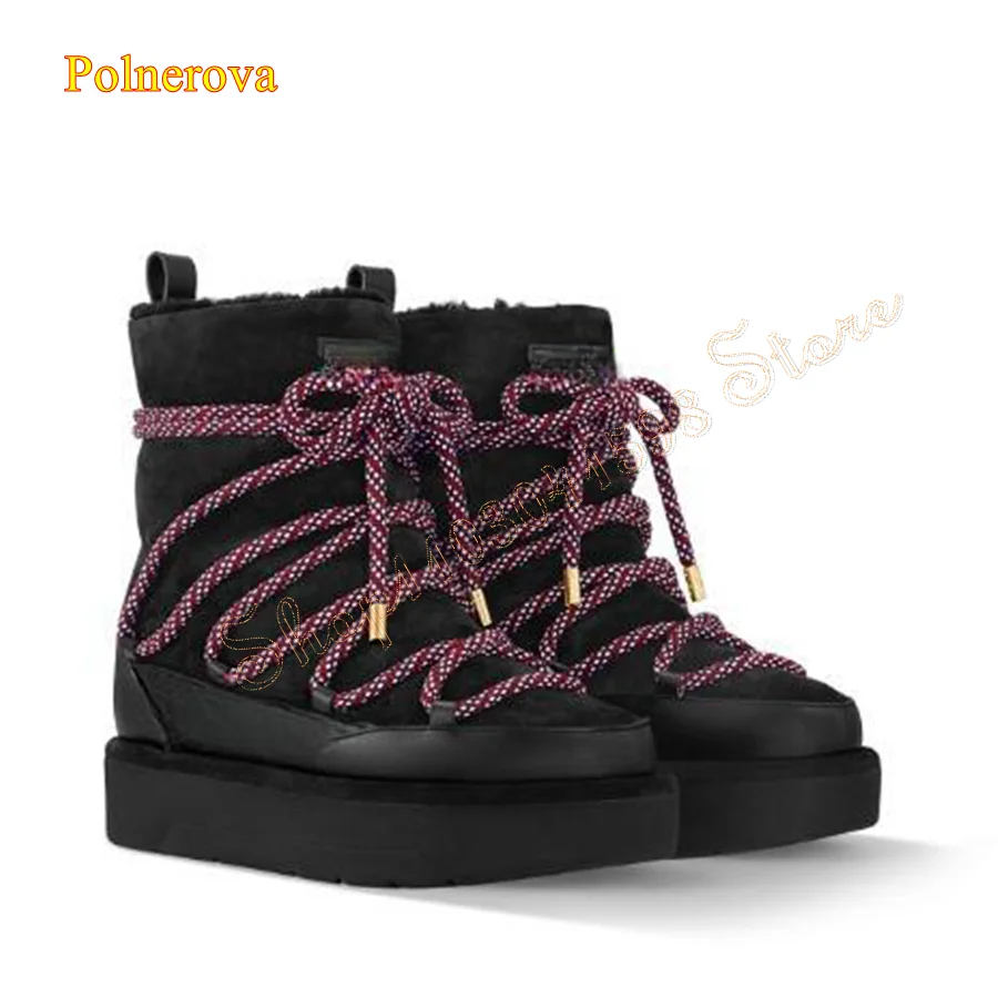 

Furry Leather Paneled Snow Boots,Winter Thick Sole Round Toe Warm Boots Fashion Strappy Women Boots 2023 New Zapatos Para Mujere