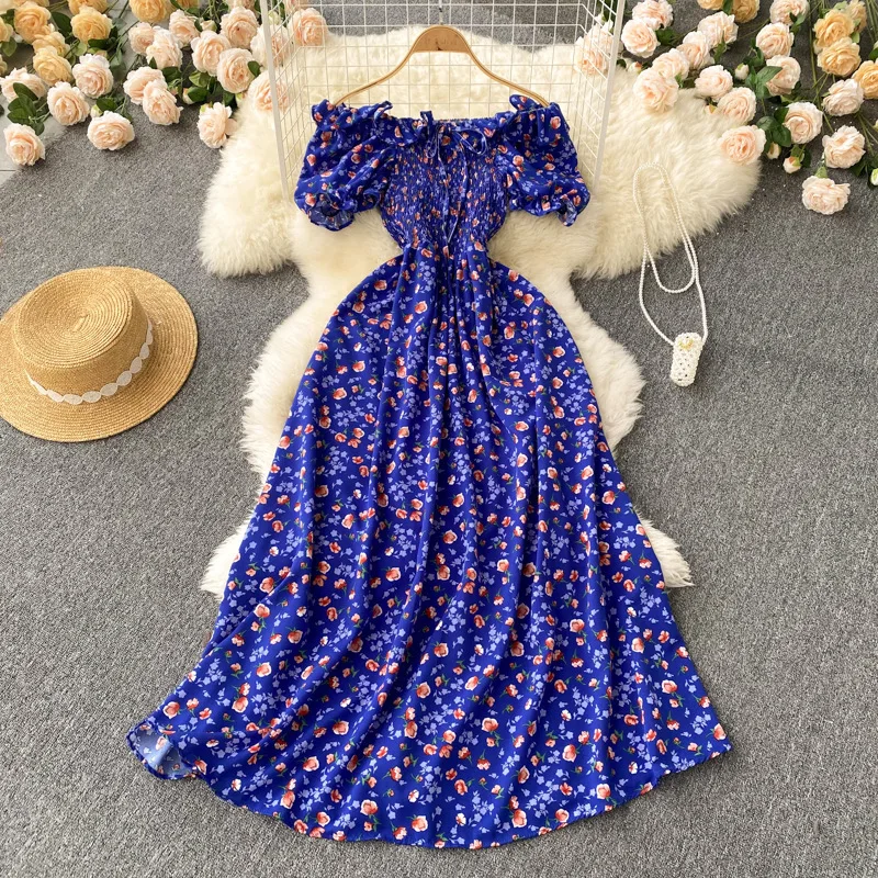 

Long Dress Women Dresses Floral Print Off Shoulder High Waist Vestidos Drawstring Streetwear Puff Sleeve Elegant Y2k Party