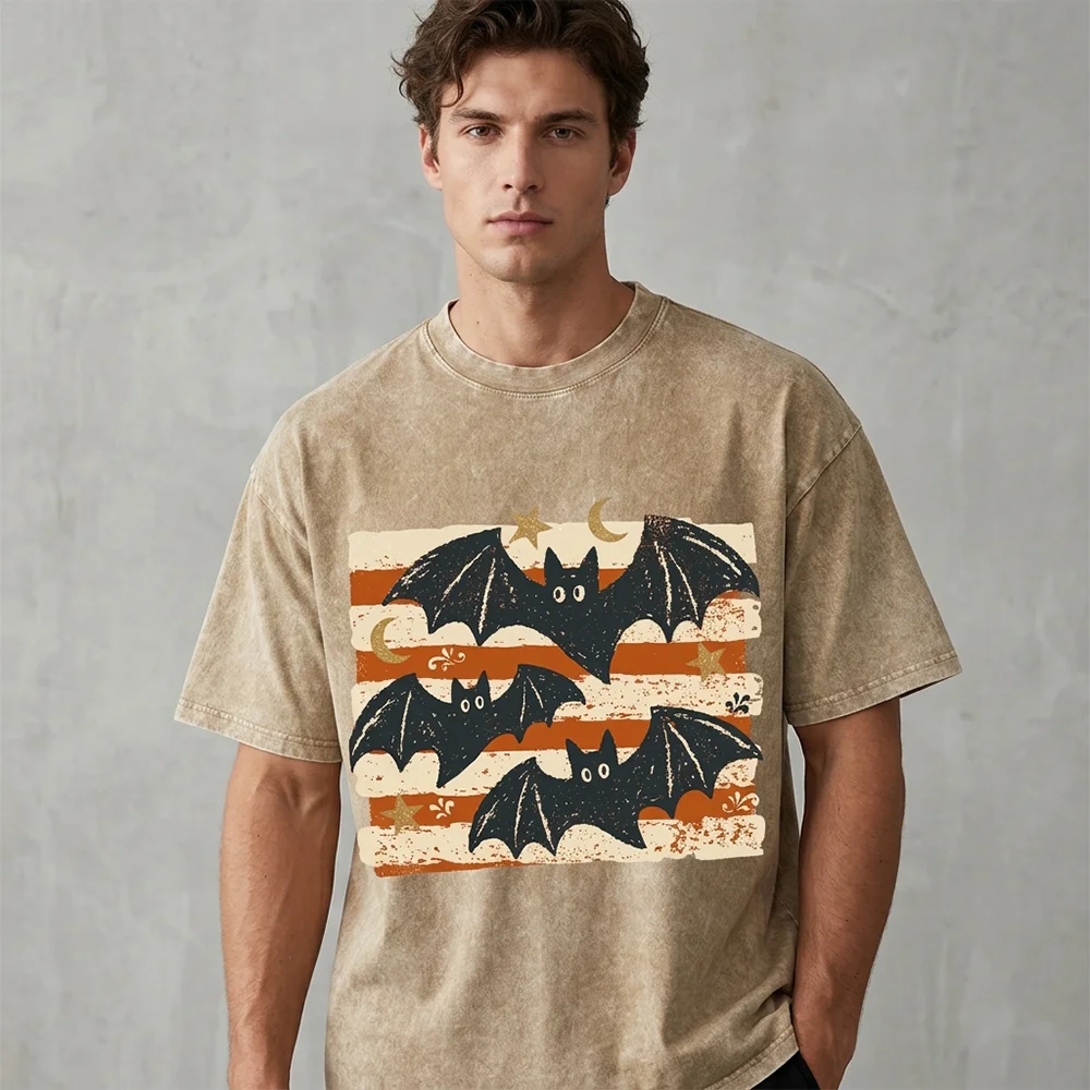 Vintage Halloween Bats T Shirt Unisex Oversized Washed Graphic Tees Spooky Retro Acid Wash Cotton Short Sleeve Tops