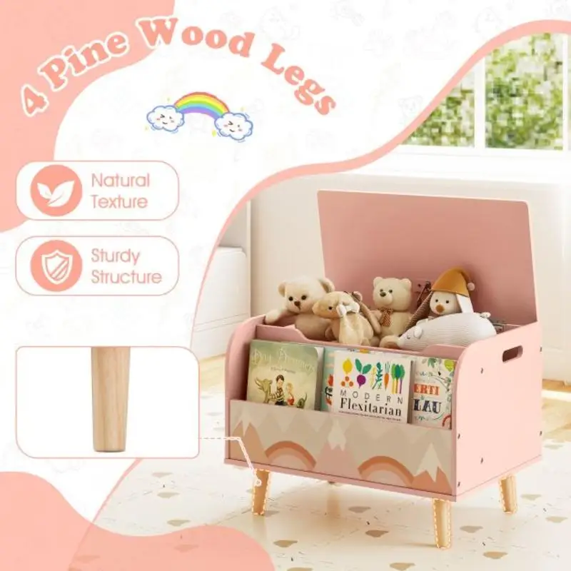 

Wooden Toy Box with Front Bookshelf and 4 Solid Wood Legs for Playroom-Pink