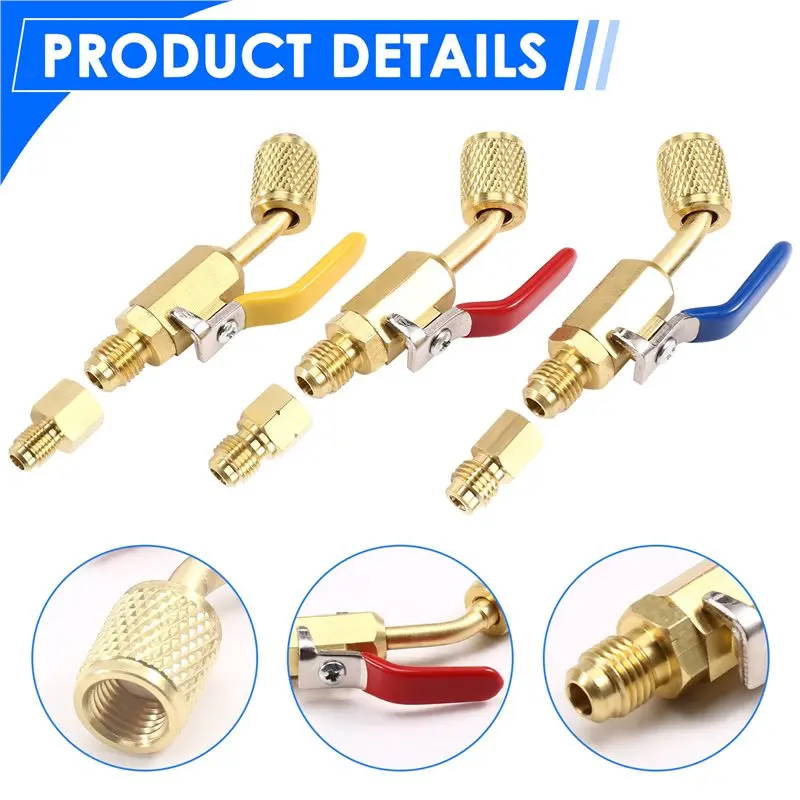 A68P-3 Sets Refrigerant Angled Compact Ball Valve For R410A R134A R12 R22 R502 AC HVAC Refrigeration Charging Hoses Car Part