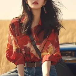 Chiffon Women's Shirt Summer Printed Vintage Loose Blouses Casual Short Sleeve Polo-neck Clothing Korean Short Sleeve Tops