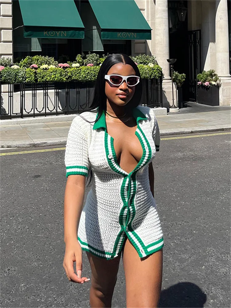 

Whatiwear Crochet Contrast Dress Women Single-Breasted Cardigan O-Neck Shorts Sleeve Peach Hip Hipsters Streetwear Mini Bodycon
