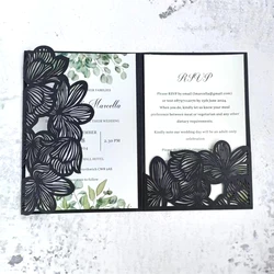 Black Invitation Card With Envelope Floral Laser Cut Pocket For Wedding Valentine Mather's Day Birthday Gift Cards 50 Sets